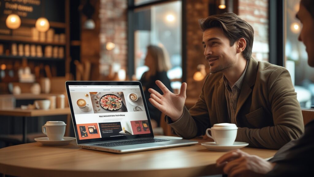 فریلنسر در حال نمایش پرتفولیو به مشتری با لپ‌تاپ در کافه