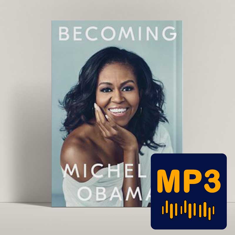 جلد کتاب صوتی شدن با تصویر میشل اوباما و پس‌زمینه آبی-طلایی