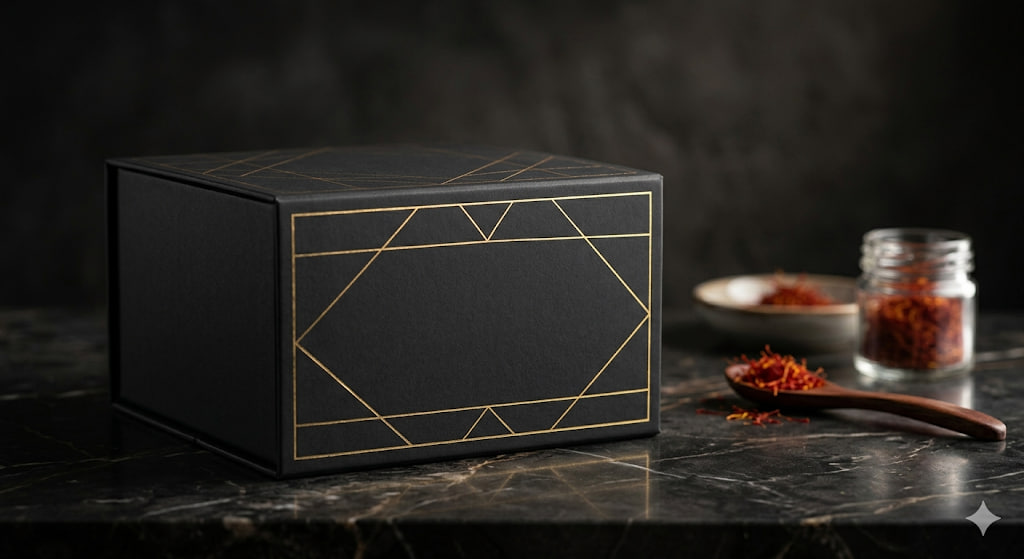 طراحی موکاپ جعبه زعفران صادراتی با هوش مصنوعی راتاگراف