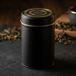 طراحی موکاپ قوطی فلزی چای استوانه‌ای مشکی مات با هوش مصنوعی راتاگراف