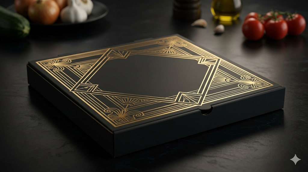 art-deco-pizza-cardboard-box-prompt-black طراحی موکاپ جعبه مقوایی فستفود و پیتزا مشکی طلاکوب با هوش مصنوعی راتاگراف
