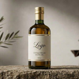 طراحی موکاپ بطری روغن زیتون لوکس شیشه‌ای تیره با هوش مصنوعی راتاگراف
