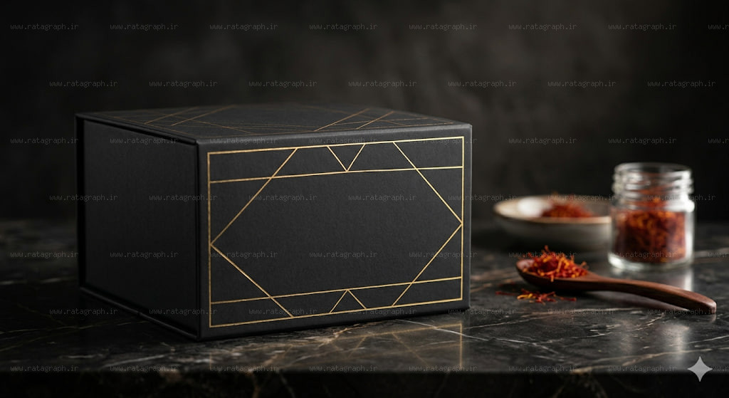 saffron-hardbox-mockup-prompt-black طراحی موکاپ جعبه زعفران صادراتی با هوش مصنوعی راتاگراف