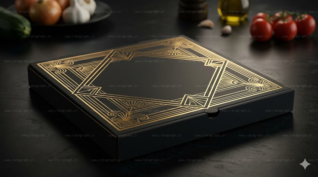 طراحی موکاپ جعبه مقوایی فست‌فود و پیتزا مشکی طلاکوب با هوش مصنوعی راتاگراف