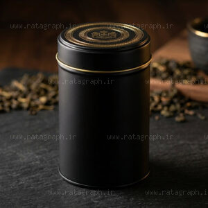طراحی موکاپ قوطی فلزی چای استوانه‌ای مشکی مات با هوش مصنوعی راتاگراف