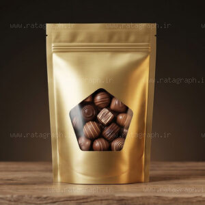 موکاپ پاکت لوکس خشکبار و شکلات طلایی با پنجره پنج‌ضلعی روی میز چوبی