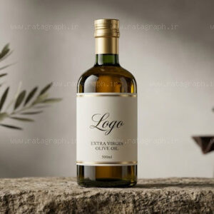 طراحی موکاپ بطری روغن زیتون لوکس شیشه‌ای تیره با هوش مصنوعی راتاگراف