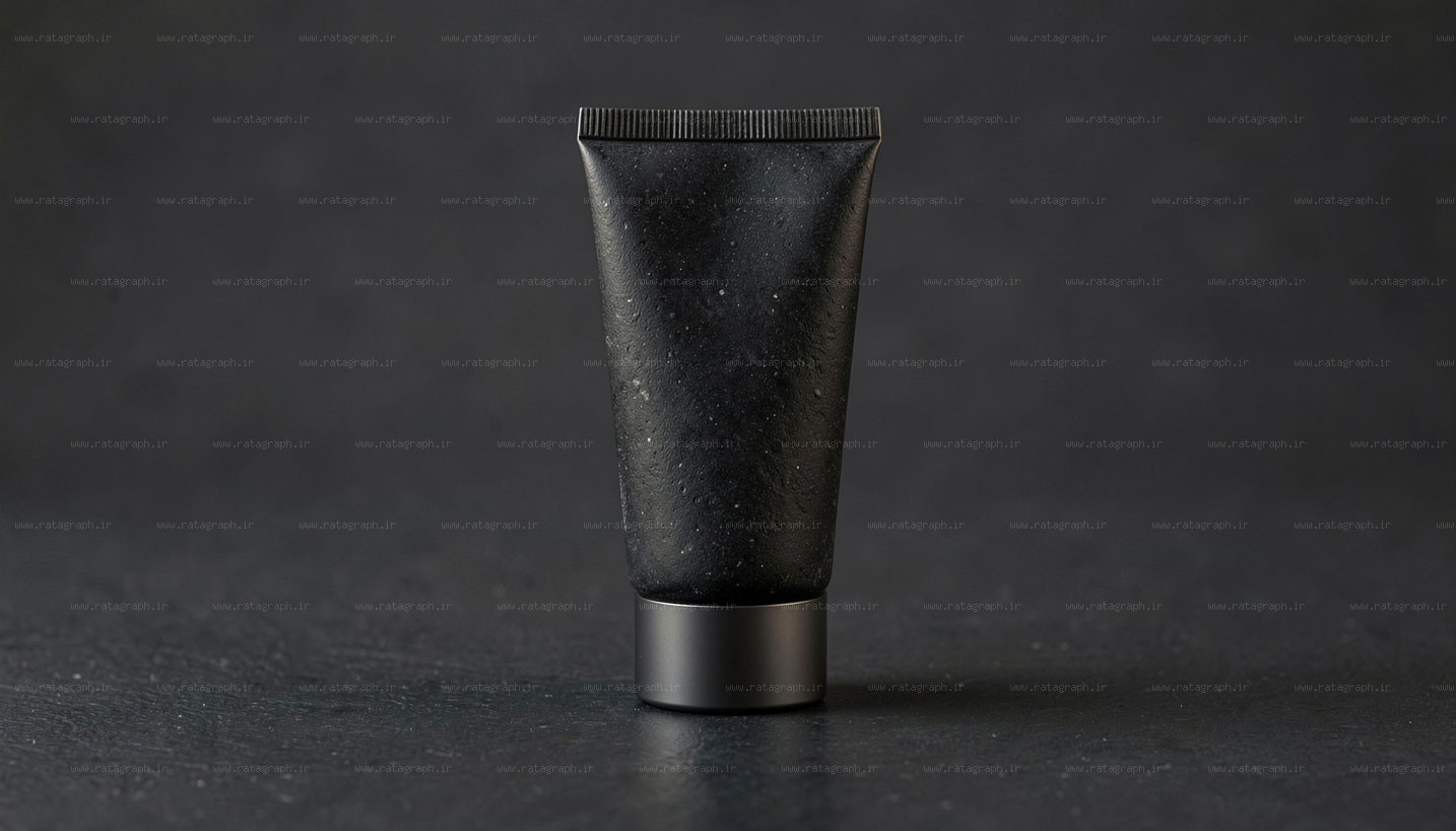 Organic Cosmetic Cream Tube Mockup - Stone Texture - Black Dark Cap - 02 موکاپ تیوپ کرم آرایشی ارگانیک مشکی با بافت سنگی و درِ تیره روی پسزمینه مشکی