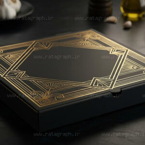 طراحی موکاپ جعبه مقوایی فست‌فود و پیتزا مشکی طلاکوب با هوش مصنوعی راتاگراف
