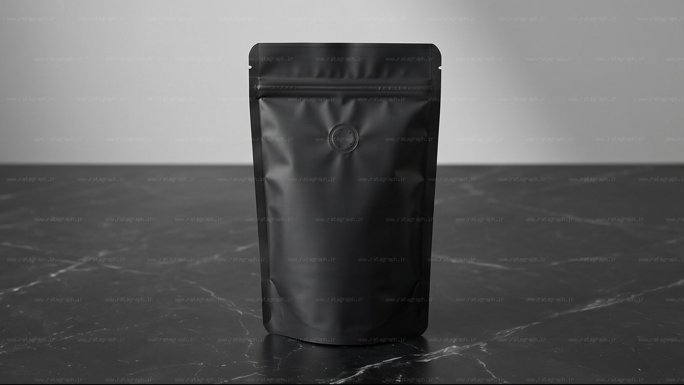 matte-black-coffee-pouch-mockup موکاپ پاکت ایستاده زیپ کیپ قهوه فویل مشکی مات سوپاپ دار راتاگراف