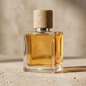 طراحی موکاپ شیشه عطر مینیمال با درپوش چوبی و هوش مصنوعی راتاگراف