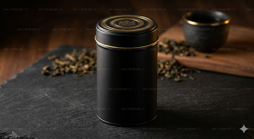 طراحی موکاپ قوطی فلزی چای استوانه‌ای مشکی مات با هوش مصنوعی راتاگراف