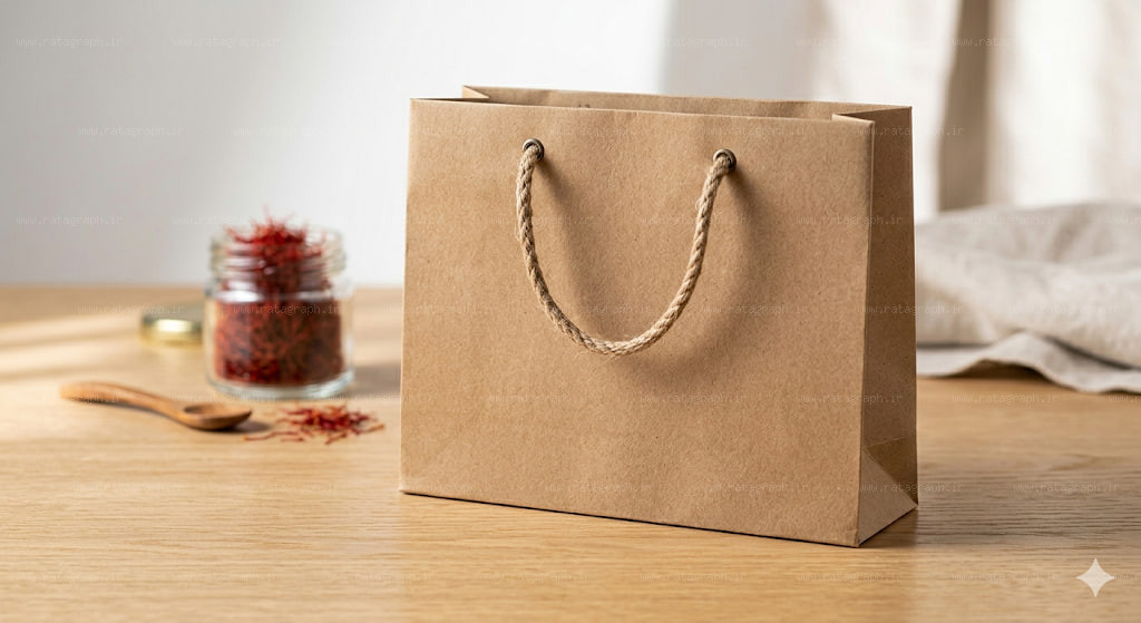 طراحی موکاپ شاپینگ‌بگ کاغذی کرافت با بند کنفی و هوش مصنوعی راتاگراف