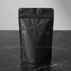 موکاپ پاکت ایستاده زیپ کیپ قهوه فویل مشکی مات سوپاپ دار راتاگراف