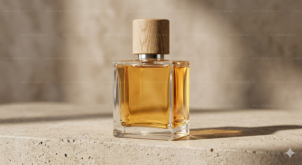 طراحی موکاپ شیشه عطر مینیمال با درپوش چوبی و هوش مصنوعی راتاگراف