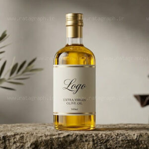 موکاپ بطری شیشه‌ای شفاف روغن زیتون با مایع طلایی