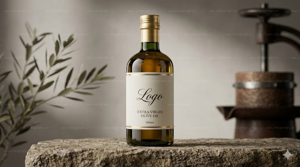 luxury-olive-oil-bottle-prompt-dark-green طراحی موکاپ بطری روغن زیتون لوکس شیشهای تیره با هوش مصنوعی راتاگراف